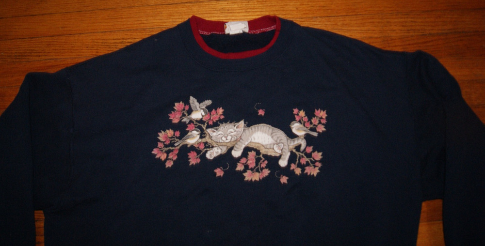 Vintage Day Breeze Cat Birds Fall Leaves Tree Blue Red Crewneck Sweatshirt 3XL